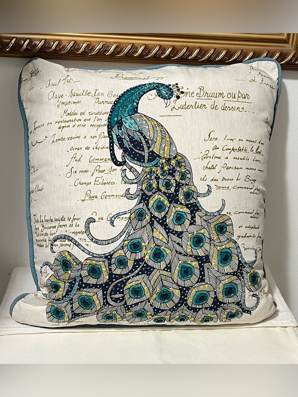 NWOT Pier1 Blue and Beige Peacock Beaded Accent Pillow 18 X 18 inches
